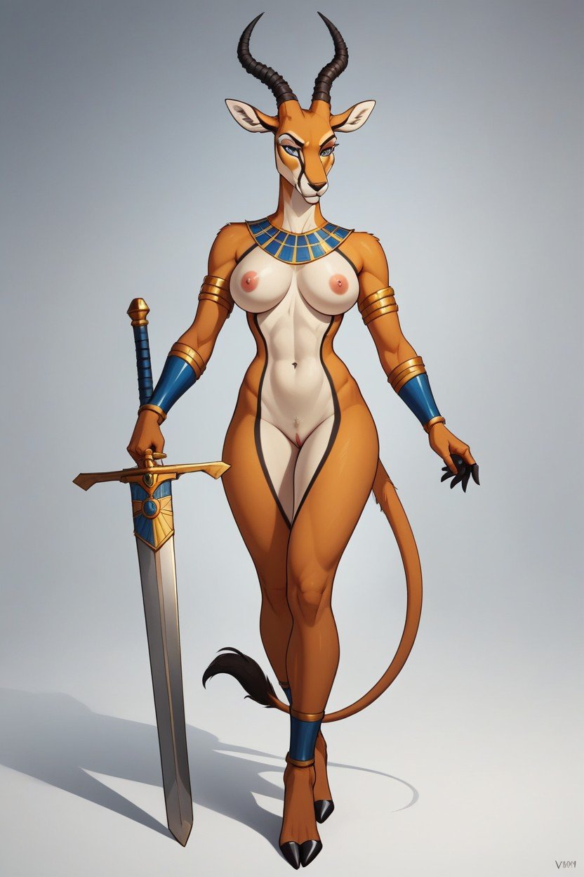 Cleopatra, Standing, Furry Woman Gazelle In Armour With Sword Furry AI Porn