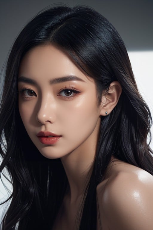 With High Cheekbones And A Softly Sculpted Jawline Her Nose Is Delicate, Giving A Mysterious And Alluring Aura Her Facial Features Are Exquisitely Defined, Voluminous Lashes And Sharply Arched Eyebrows Enhance Her Intense And Captivating Gaze Her Irises Are Deep Brown Or Black Asian AI Porn