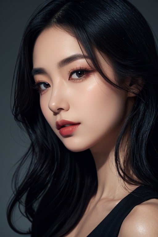 Porcelain Like, Focusing On Her Face She Has Deep Black Red Lips, Silky Black Hair Flows Elegantly In Voluminous WavesPorno IA Asiatique