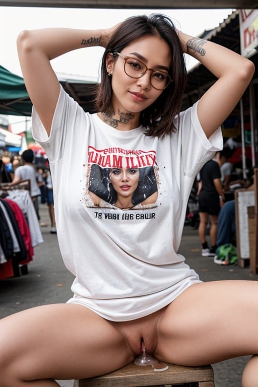 Creampie, - Indonesian Women - Bobcut - Glasses - Tattooed - Wearing T-shirt - Spreading Legs Raised - Hairy Pussy - Creampie Semen - In A Crowded Market, Full Body Furry AI Porn