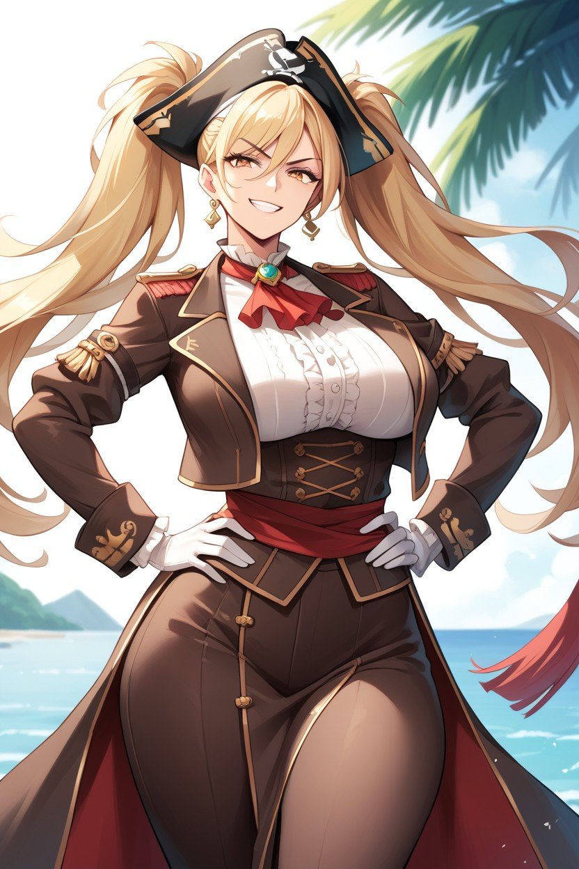 Yellow Eyes Blonde Hair Long Hair Pigtails Pirate Hands On Hip, Smirk, 18+ Hentai AI Porn