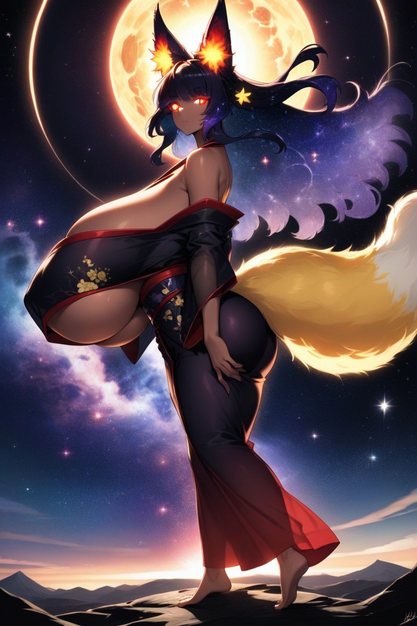 Body Filled With Large Shining Stars, Off Shoulders Kimono Sideboob, Black Nebula Skin Hentai AI Porn