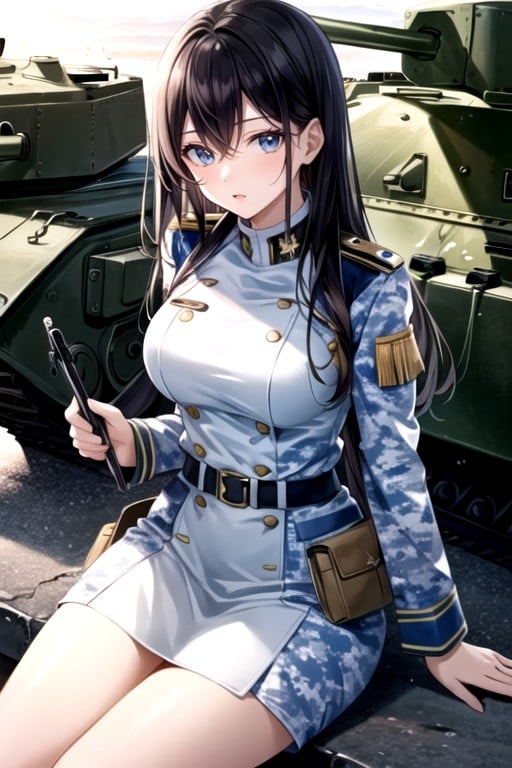 White And Blue Camouflage Pattern Military Uniform, Tank, Sitting Furry AI Porn