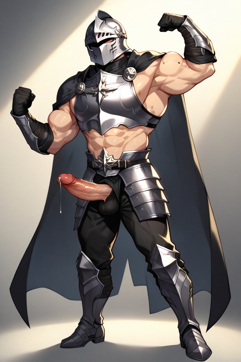 Standing Boldly Like A Hero, Legs Apart, Black Knight Helmet Pornografia gay com IA