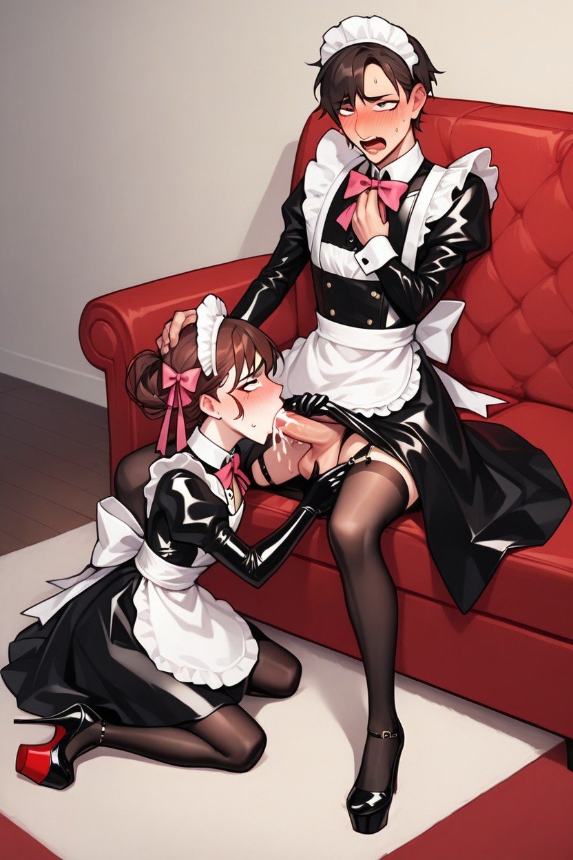 オーガズム, Two Brunette Crossdressers In Black Latex Dress, High HeelsファーリーAIポルノ