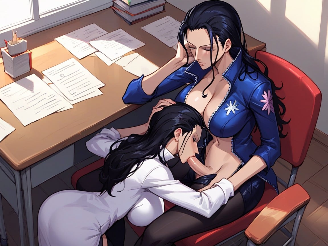 Nico Robin Is A Futa, Nico Robin Blowing Nico Robin, At A Desk Travesti IA Pornô