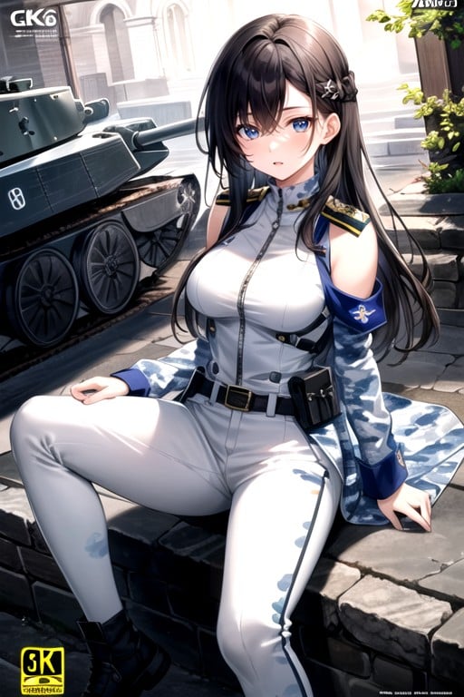 One Woman, Battlefield, White And Blue Camouflage Pattern Military Uniform Hentai AI Porn