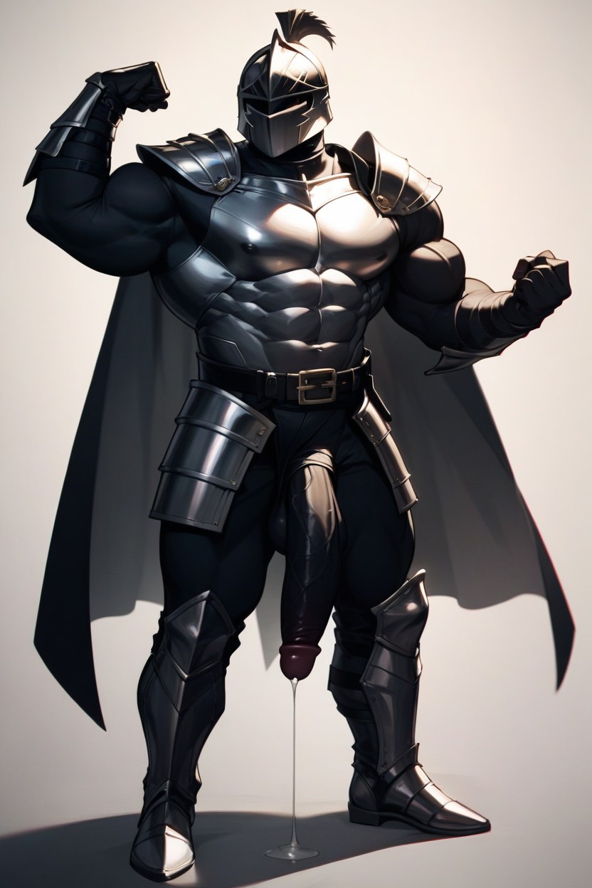 Six Pack Abs Imprinted On Armor, Wearing Full Black Metal Knight Armor, Legs Apart AI Gay Porn