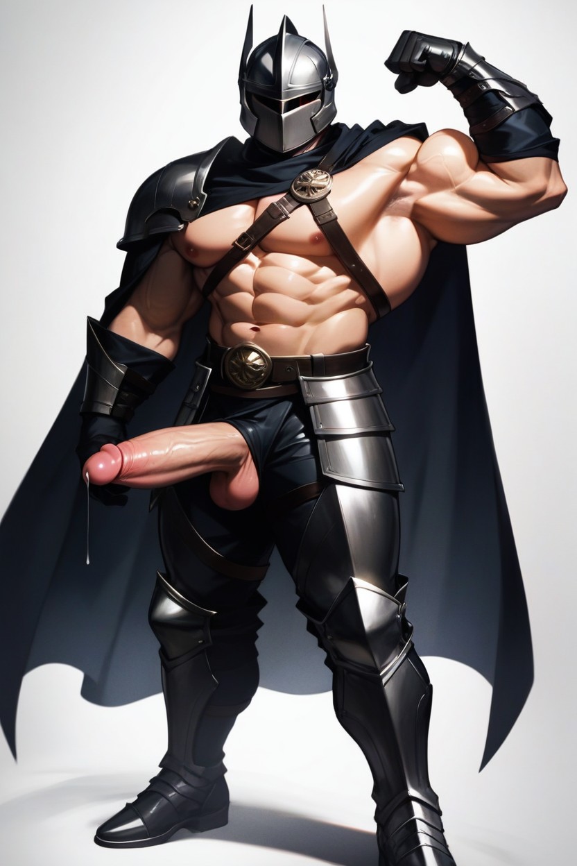 One Hand On Side, Wearing Full Black Metal Knight Armor, Front Side View AI Gay Porn