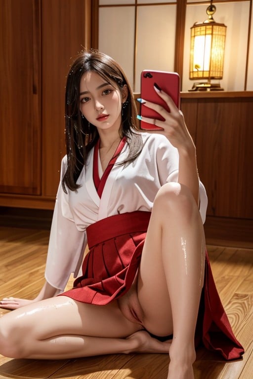 Indoor, Woman Wearing Wet Red Hakama Skirt, Man Spread PussyAI國產黃片