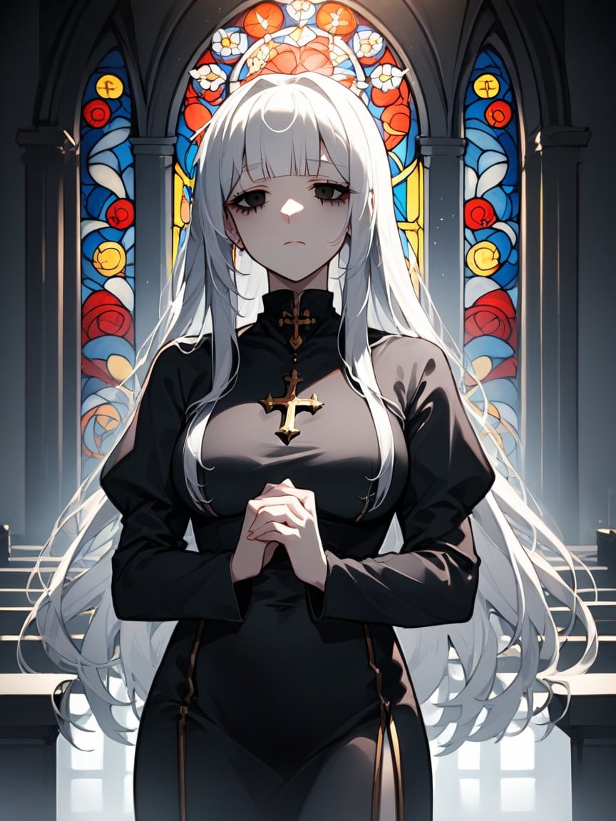 White Hair, Priests Woman, Blunt Bangs Hentai AI Porn