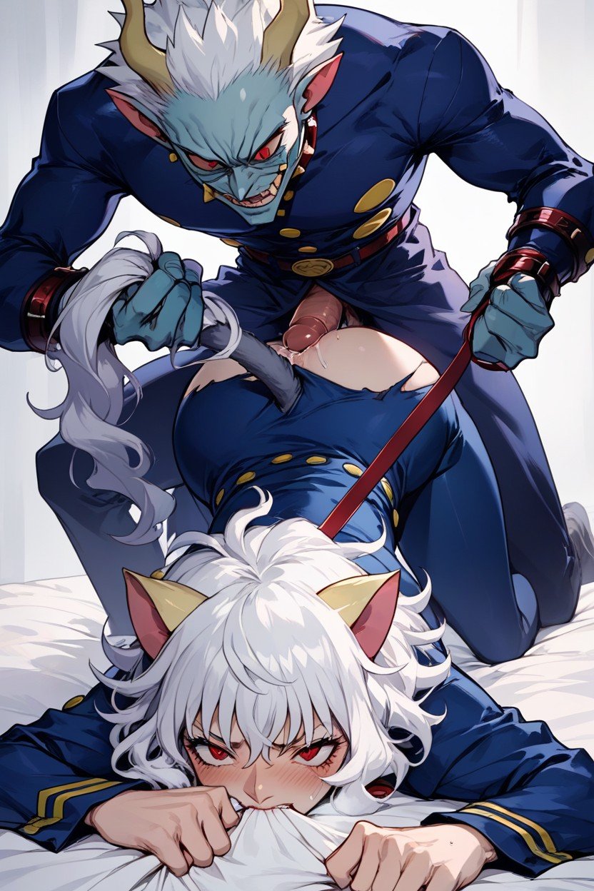 Tattered Dark Blue Outfit With Yellow Symbols, Grey Tail, White Hair With Bluish Tint Hentai IA pornografia