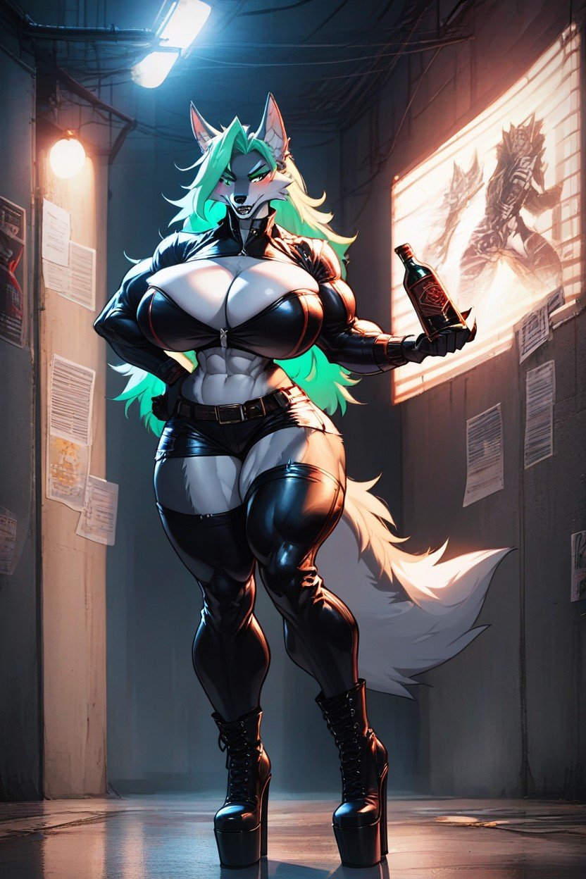 Thigh High Platform Heels Boots, Gigantic Breast Implants, Wolf Furry AI Porn