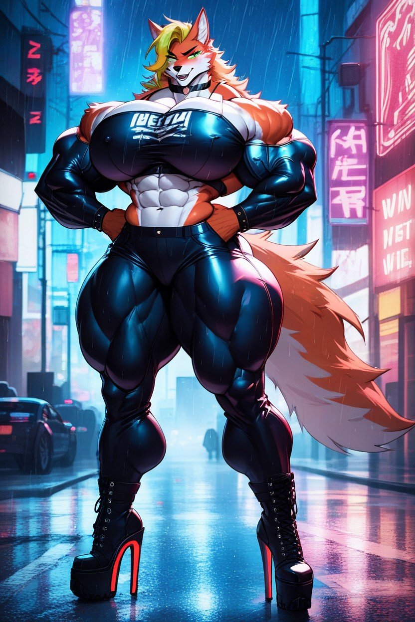 Hyper Muscles, Front View, Gigantic Breast Implants Furry AI Porn