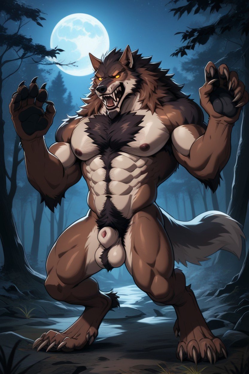 Digitigrade Feet, Open Mouth, The Werewolf Is Covered In Chestnut Colored Fur퍼리 AI 포르노