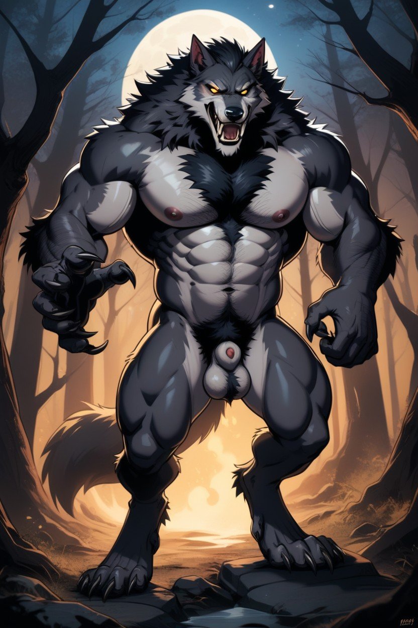 Monster, Werewolf Is Shown In A Sexy Pose, Muscular퍼리 AI 포르노