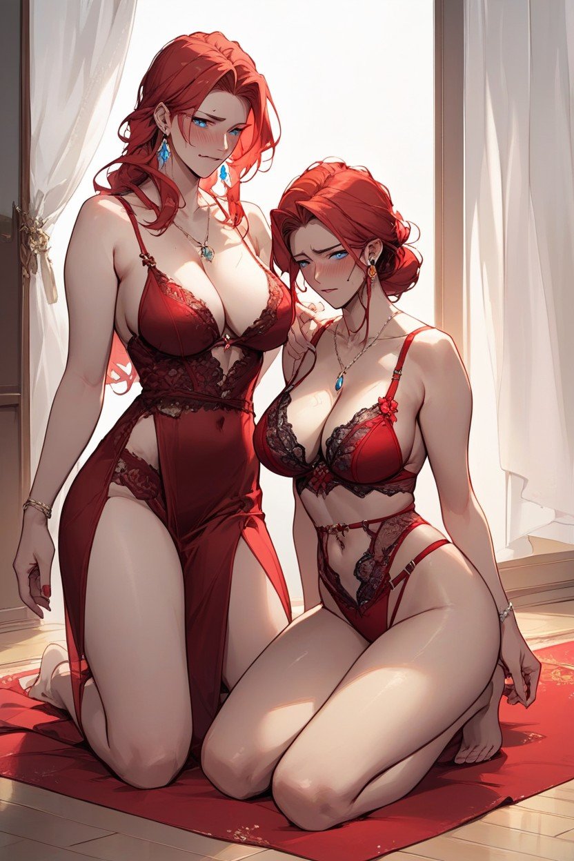 Two Red-haired Women Kneeling On The Floor Squeezing Their Breasts Embarrassed With Their Mouths Open Deep Red Lingerie Blue Eyes View From The Person Taking The Photo, 18+Porno IA Furry