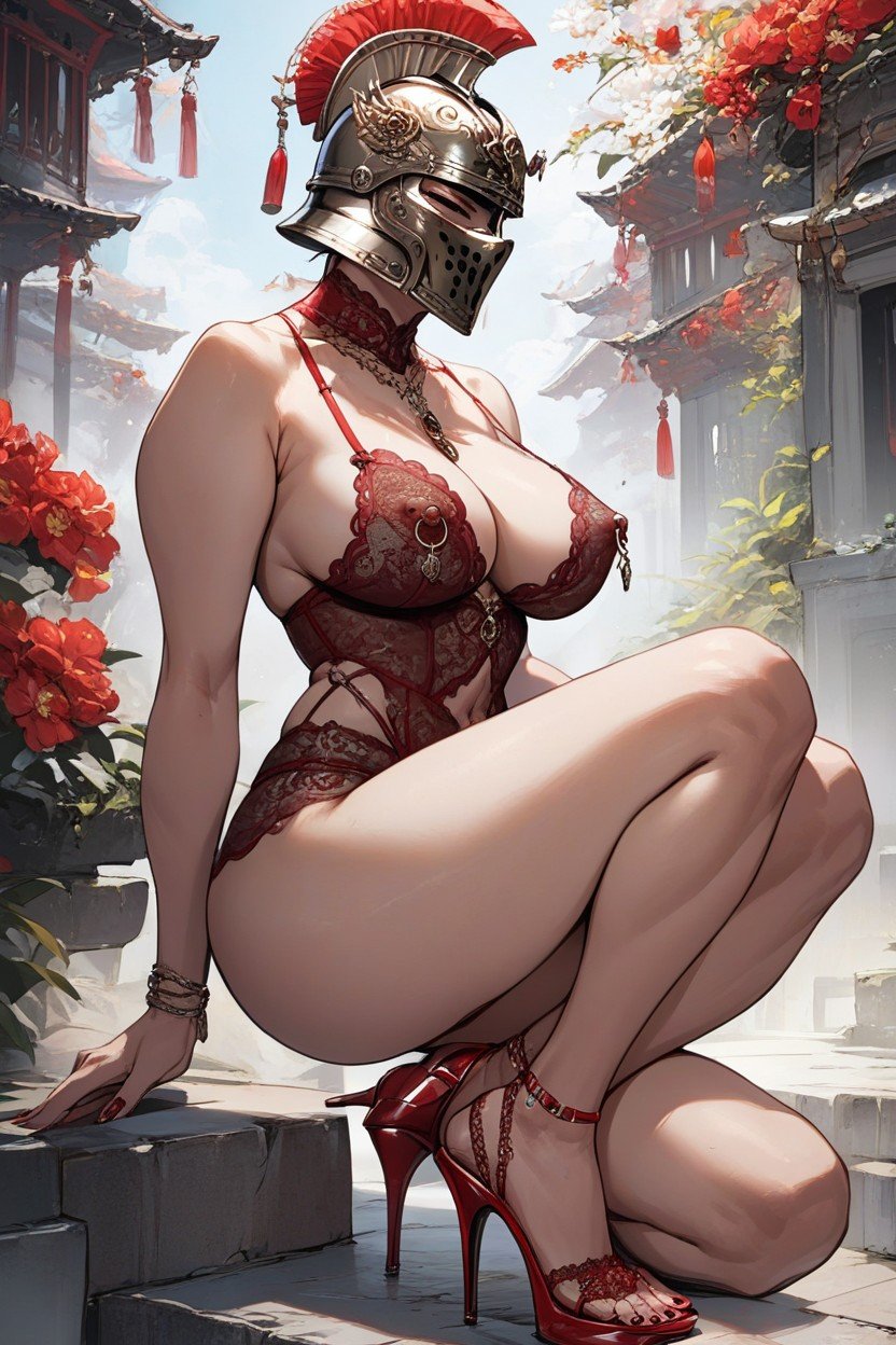 Pierced Nipples, Red Lace Underwear, Sitting On A Tank퍼리 AI 포르노