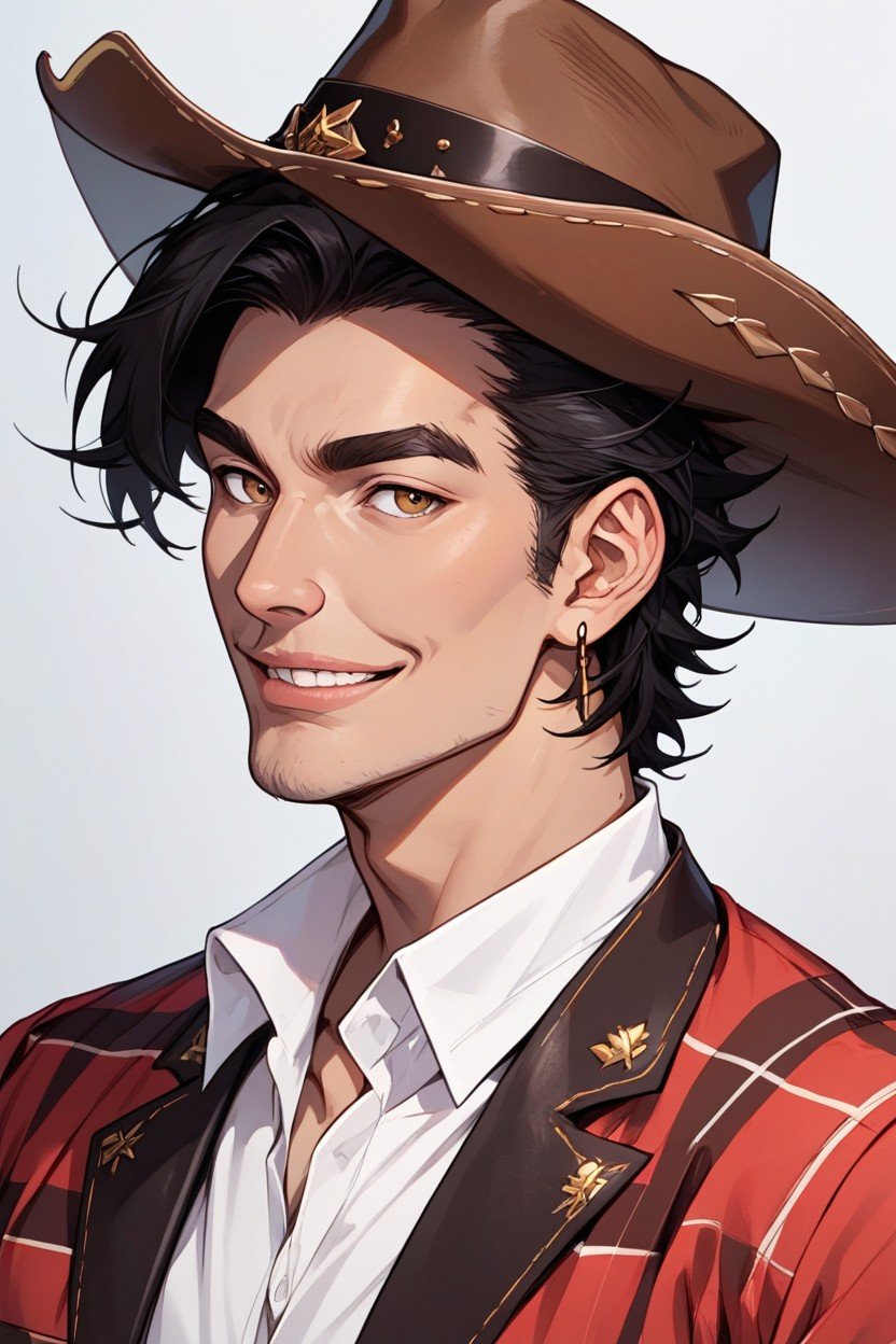 Wild West Sheriff, Black Hair, Has A Hearing Aid In One Ear With A Center Street Type Microphone Extension Furry AI Porn