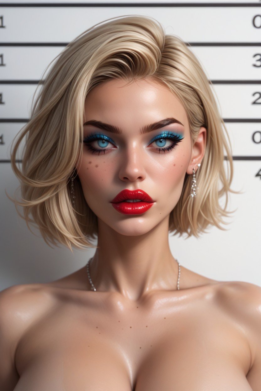 Mugshot Extreme Closeup Of Shiny Perfect Red Lips Blue Nailpolish, Pale And Freckled Skin Depth Of Field, Sehr Kurze HaareTransfrau KI-Porno