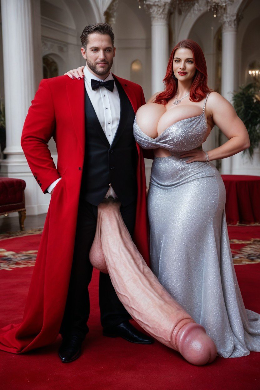 Tall Man, Man In Elegant Tuxedo, Sexy Woman In Elegant Dress Next To ManPorno IA transsexuelle