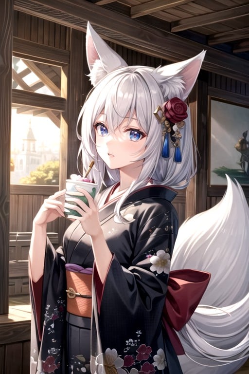 Izuna, Fox Ears, Kimono Pornografia peluda com IA