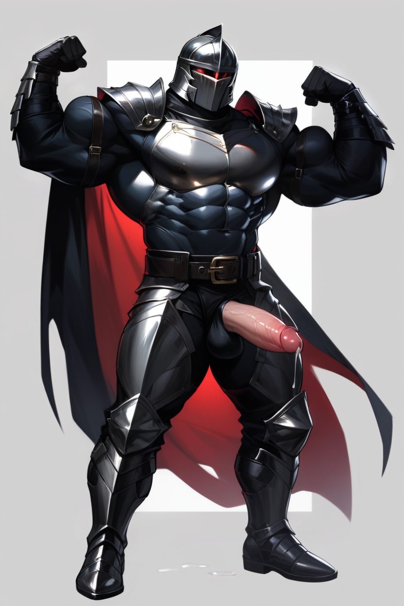 Light Sparkle Shining On Helmet, Wearing Full Black Metal Knight Armor, Fully Clothed AI Gay Porn