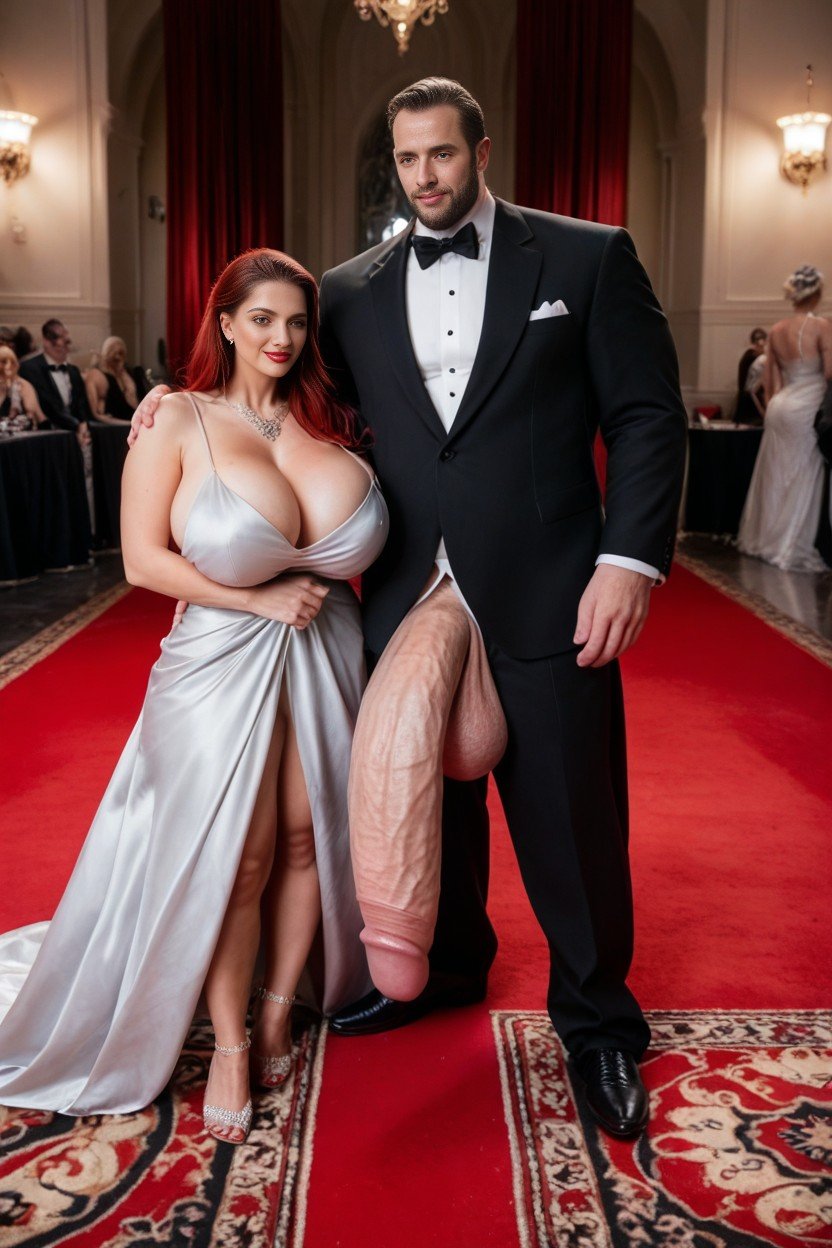 Peito Enorme, Extremely Big Man Body, Sexy Woman In Elegant Dress Next To Man Travesti IA Pornô