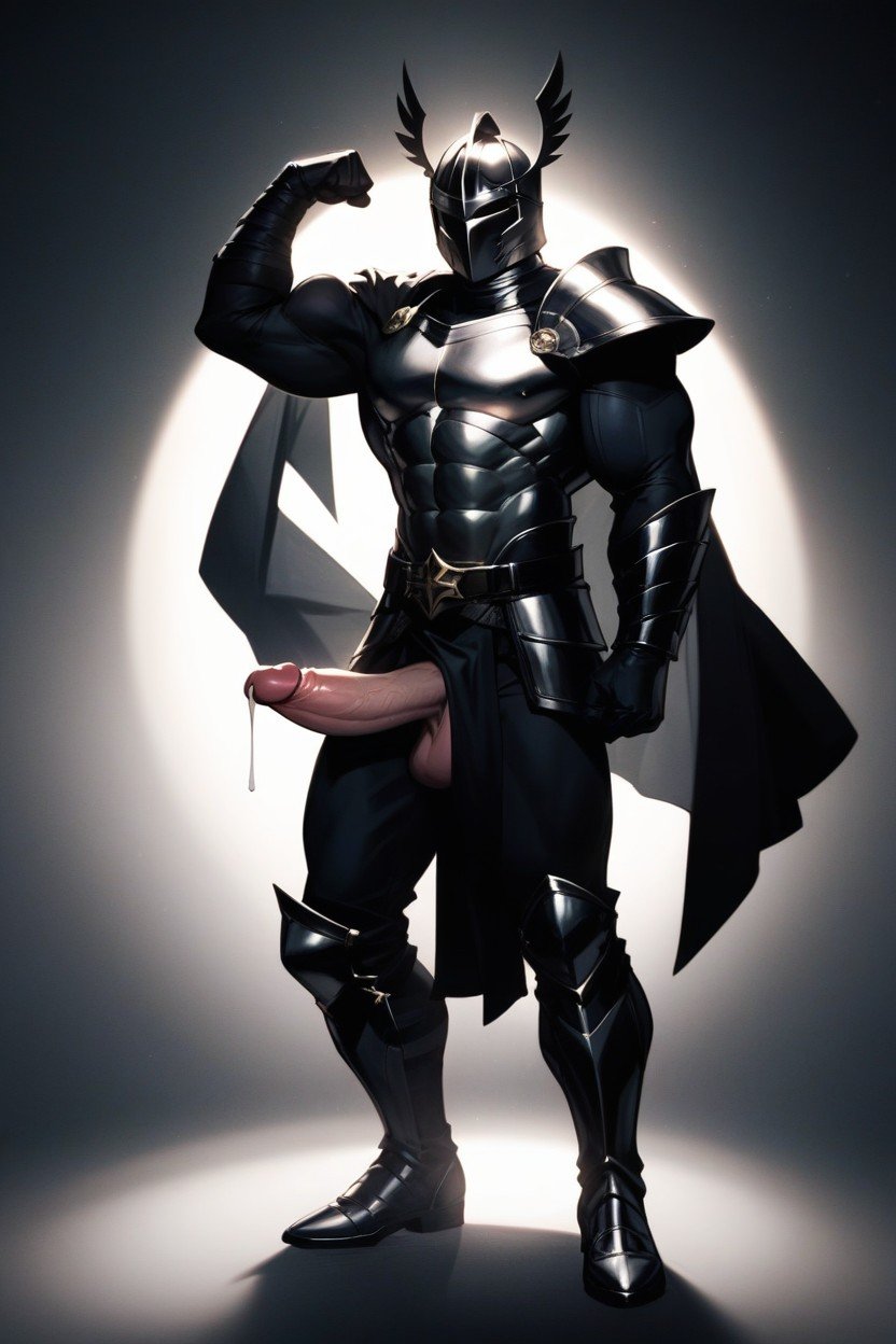 Black Armor Gloves, Black Armor Boots, Showing Penis Through Fly AI Gay Porn