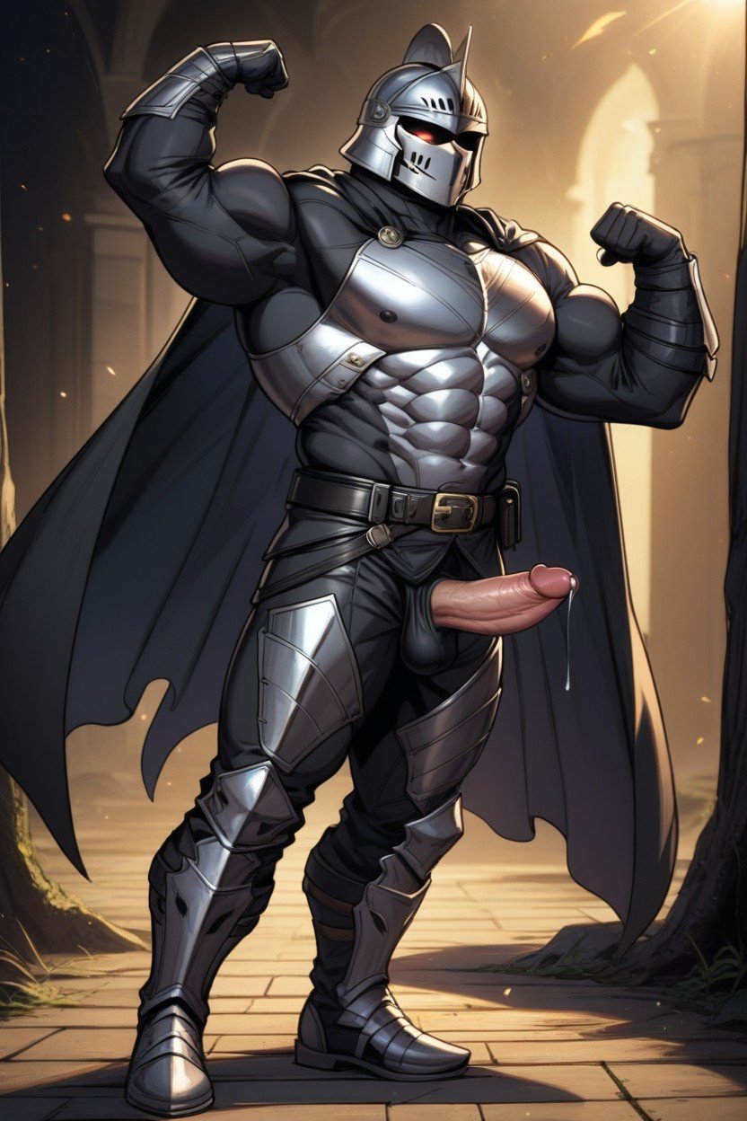 Long Penis, 侧视图, Wearing Full Black Metal Knight ArmorAI同性恋黄片