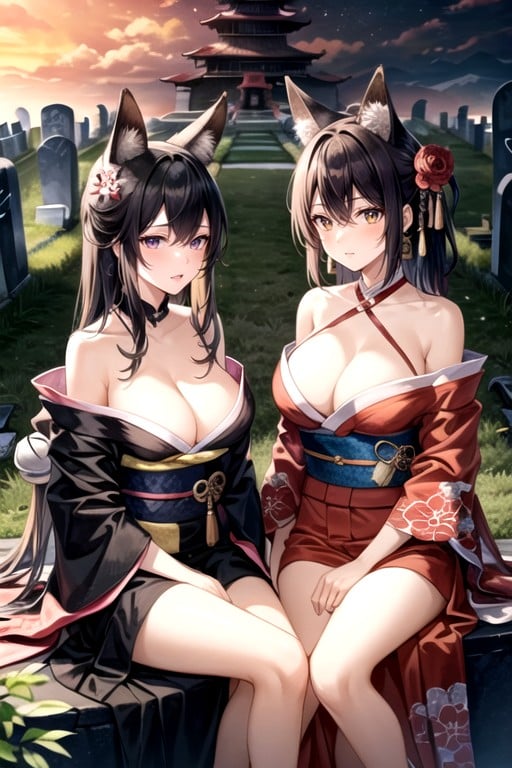 Fox Ears, Kimono, Two Women Sitting SidewaysHentai IA