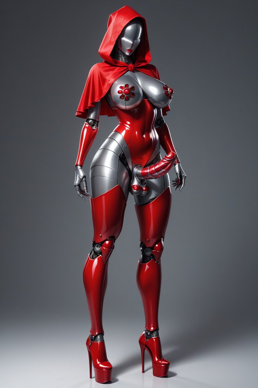 Robot Red Riding Hood, Full Body, Metallic Balls GlowingPorno IA transsexuelle