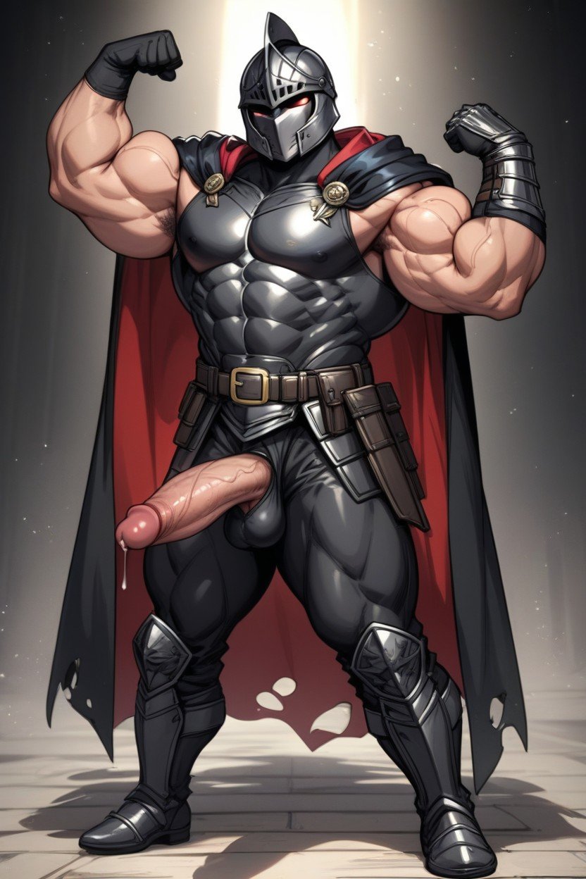 Large Biceps, Wearing Full Black Metal Knight Armor, Corps EntierPorno IA Gay