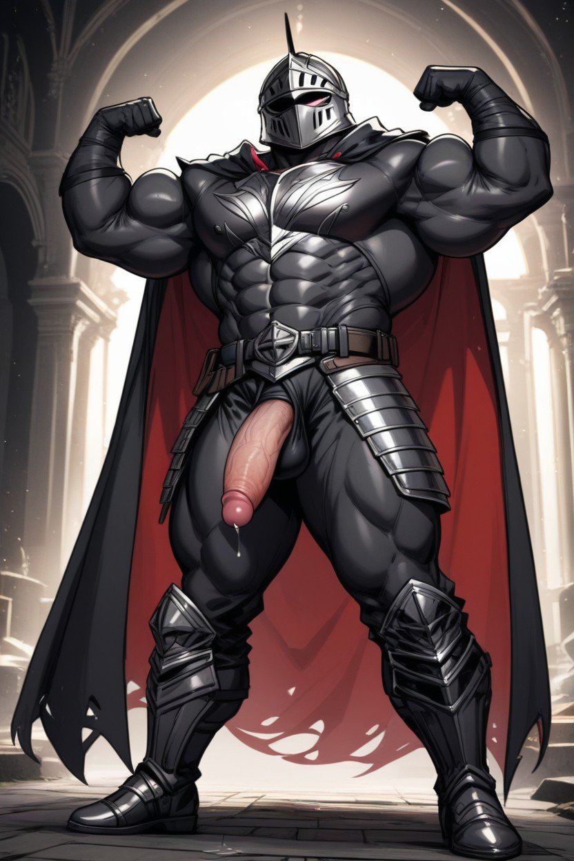 Wearing Full Black Metal Knight Armor, Standing Boldly Like A Hero, Black LeggingsPorno IA Gay