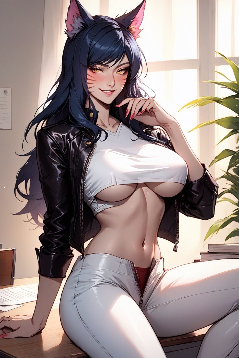 Bedroom, Tight White Pants, Unzipped Leather Jacket Фурри AI порно