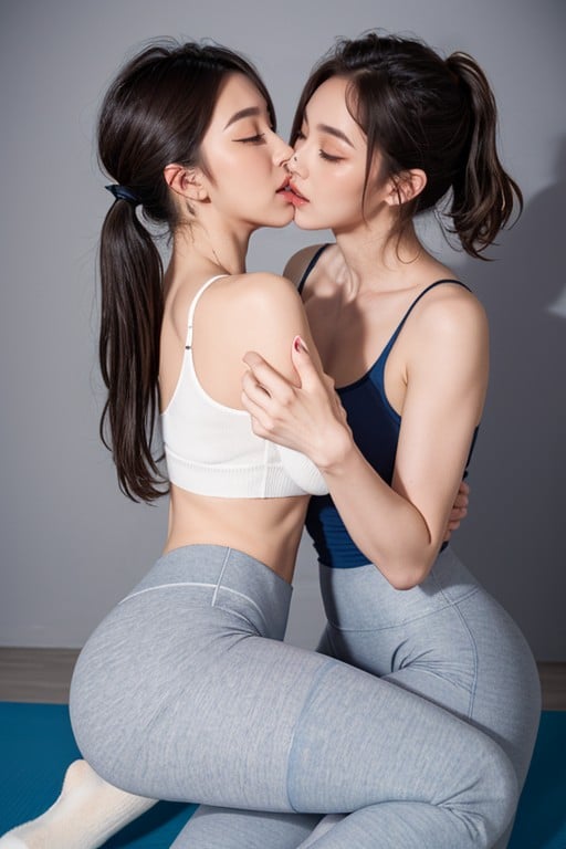 Ponytails, Ahegao, Long Blue Yoga PantsPorno asiático IA