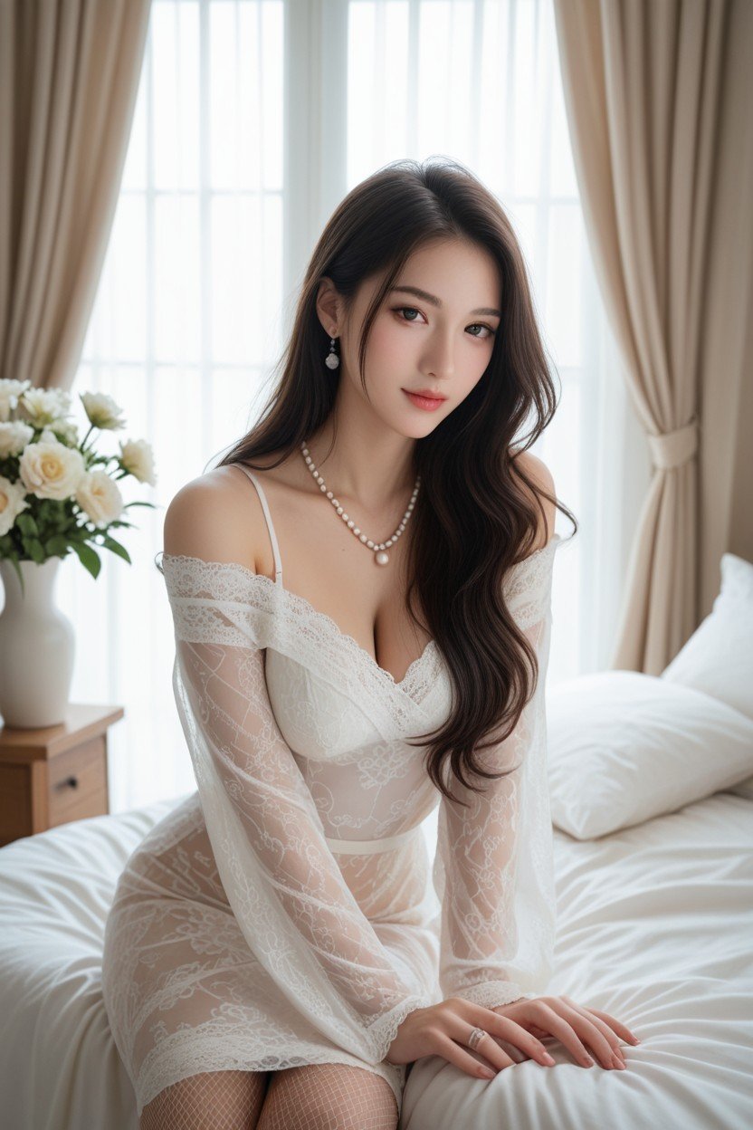 Sitting In A Cozy And Romantic Bedroom With Lace Curtains, White Bedding, A Beautiful Woman Wearing A Sexy Black Fishnet Bodycon Dress With Geometric And Circular PatternsAI獸人黃片