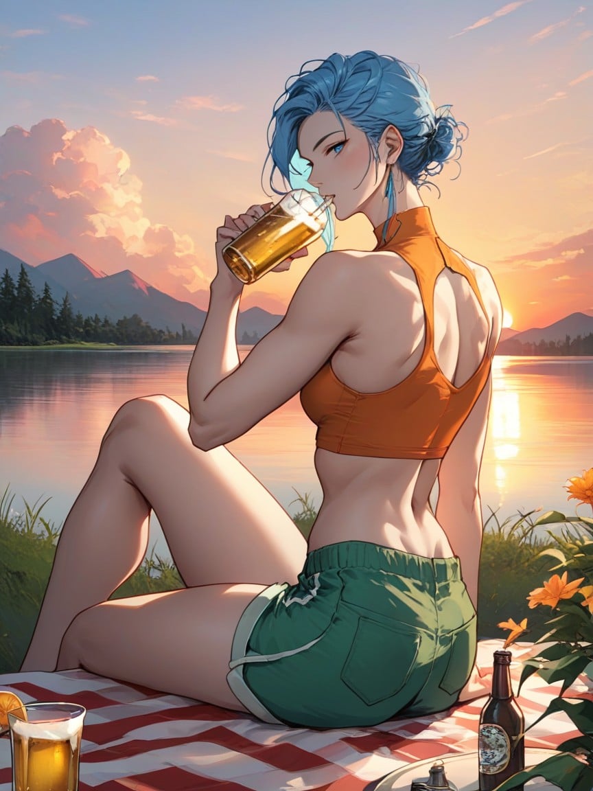 Green Sporty Shorts, Drinking A Bottle Of Beer, Skinnyslim Legs Furry AI Porn