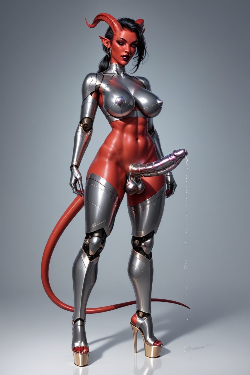 All Shiny And Metallic Tiefling Dungeons And Dragons, Front View, Very High Platform Heels Travesti IA Pornô