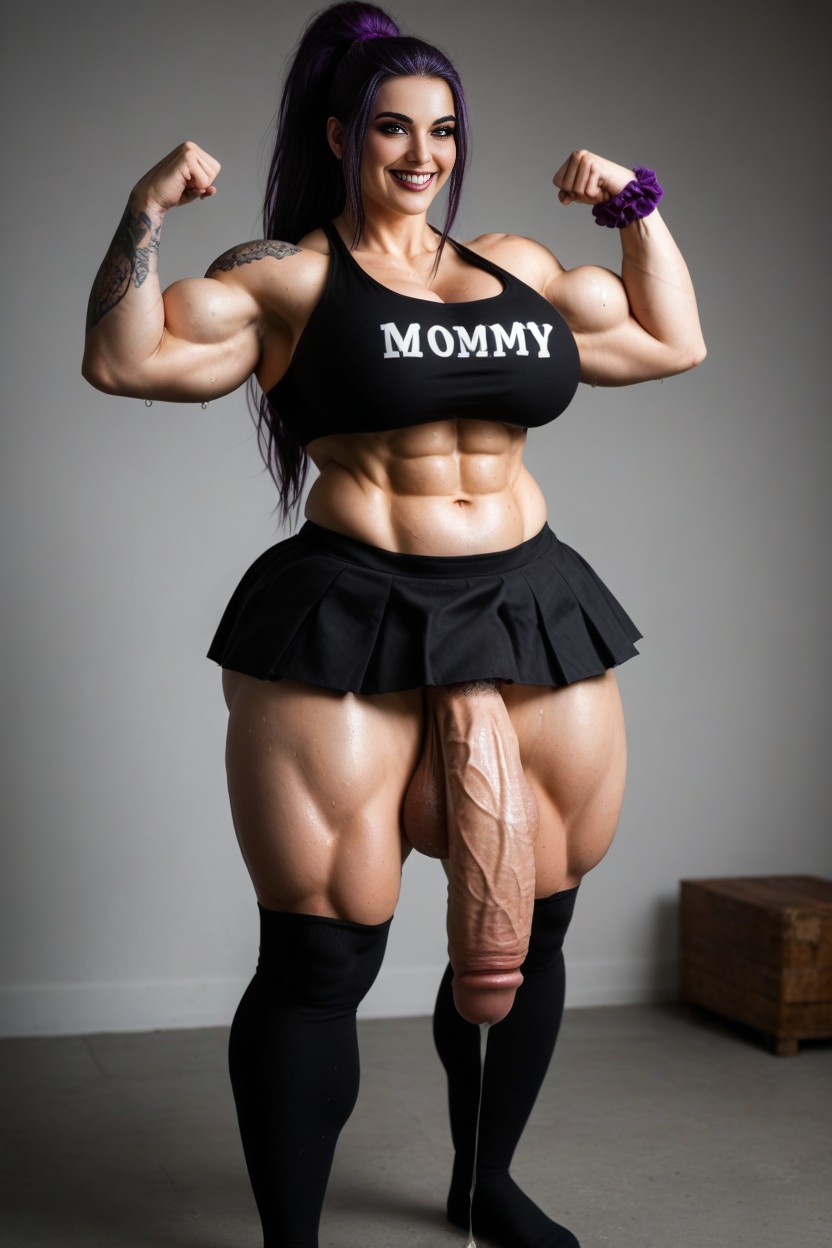 Incredibly Cartoonish Goth Muscle Mommy Bbw, Long Black Hair, Impossible Massive Muscular Legs AI Porn