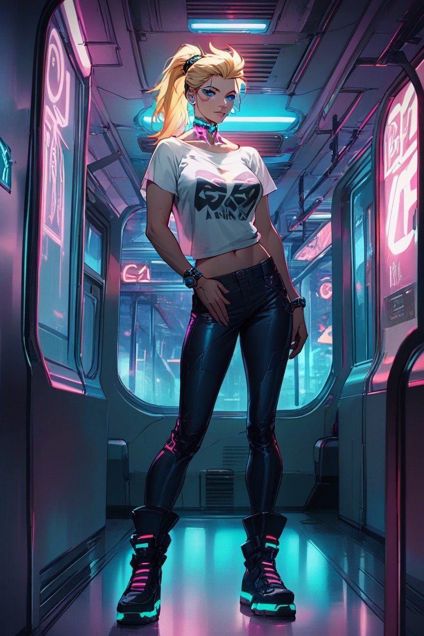 Cyberpunk Chocker, Blonde, Neon Punk T-shirtAI黄漫