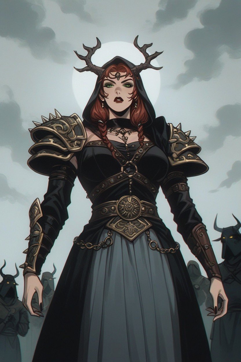 With Intricate Engravings On The Metal Reinforcements A Quiver Of Arrows Rests On Her Back, Partially Braided Her Face Is Adorned With Distinctive War Paint—dark Markings Stretching From Her Forehead Down To Her Cheeks She Wears A Rugged Yet Elegant Set Of Ancient Nord Armor, Overcast Sky Hentai AI Porn