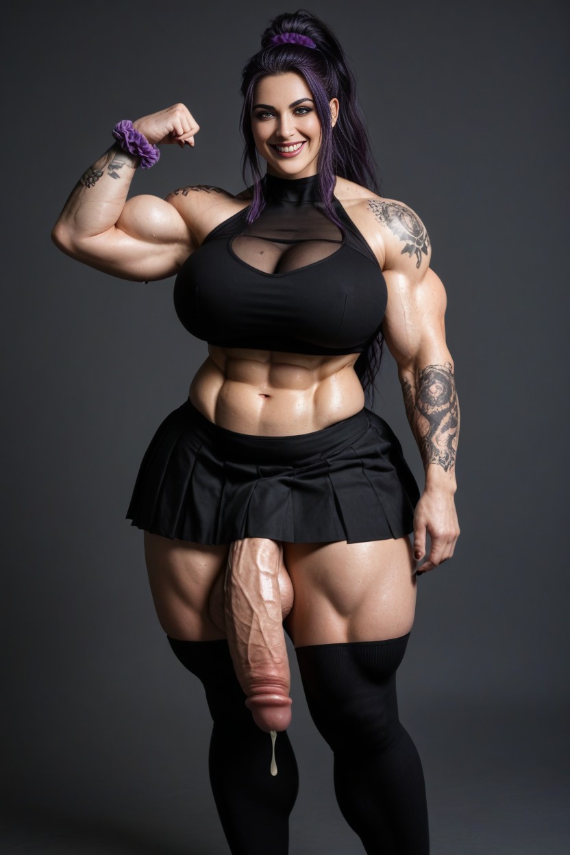 Pubic Hair, Covered In Large Tattoos, Purple Hair In High Ponytail With Scrunchie AI Porn