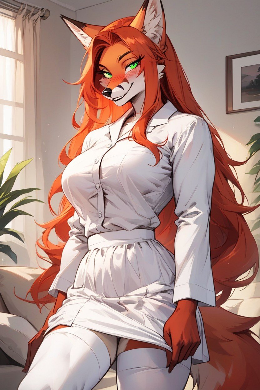 White Skirt, Red Hair, Female Fox Furry AI Porn