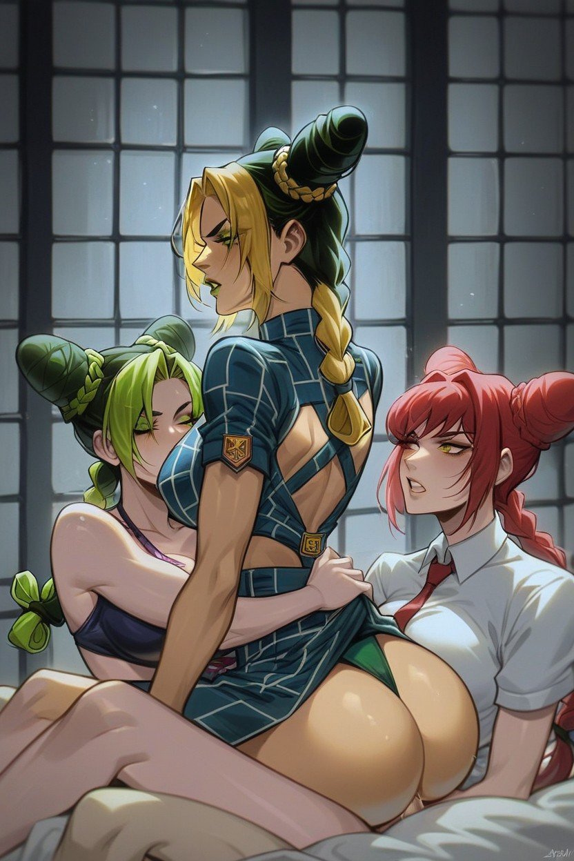 Jolynes Breasts Being Groped By Makima, Jolyne Is Sitting On Makimas Legs, Reverse CowgirlヘンタイAIポルノ