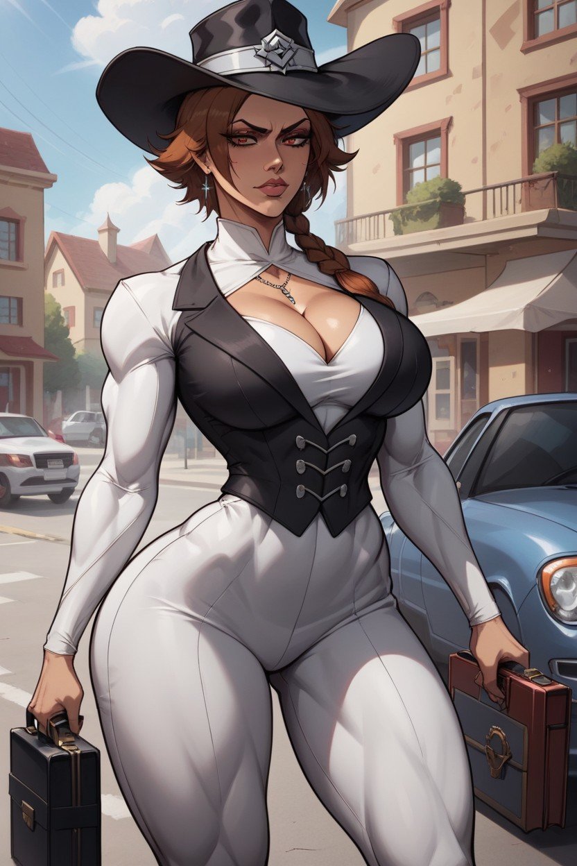 Large Cleavage, Brown Hair, Holding Gangster WeaponAI黃漫