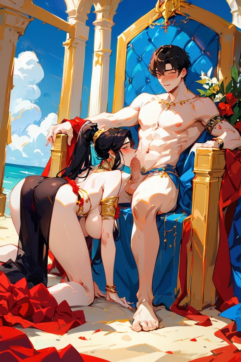 Harem Outfit, Beach On The Background, Male Warrior Sitting On ThroneAI黄漫