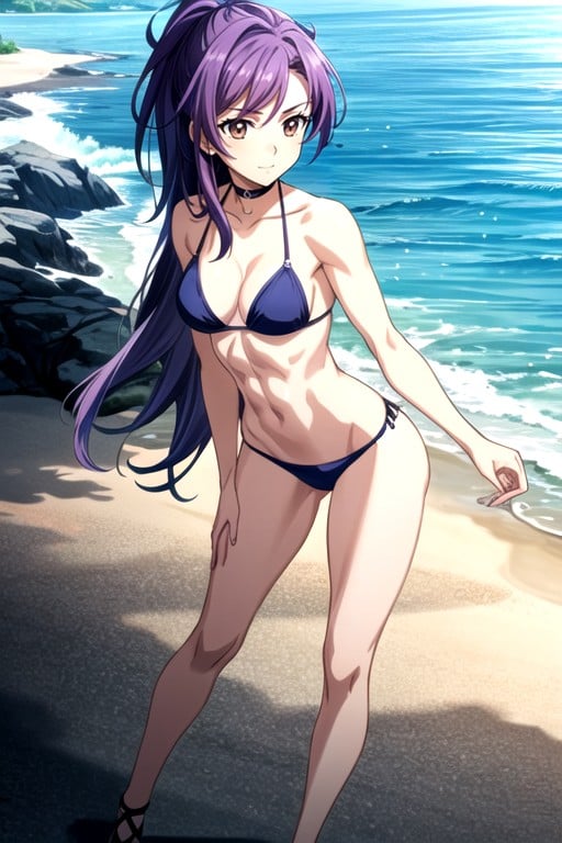 Indigo Violet Hair, 18+, Detailed Background Of A Beach And OceanニューハーフAIポルノ