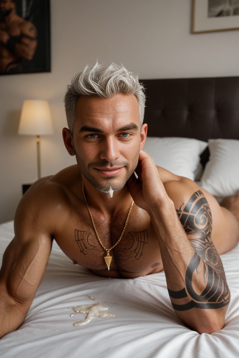 White Hair, Corrida, Leg Tattoos Porno gay IA