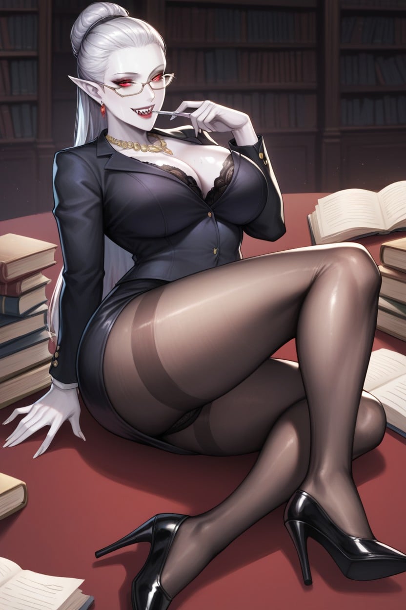 Dripping From Her Fangs, Shiny Skin, Laying Down On Books MILF AI Porn